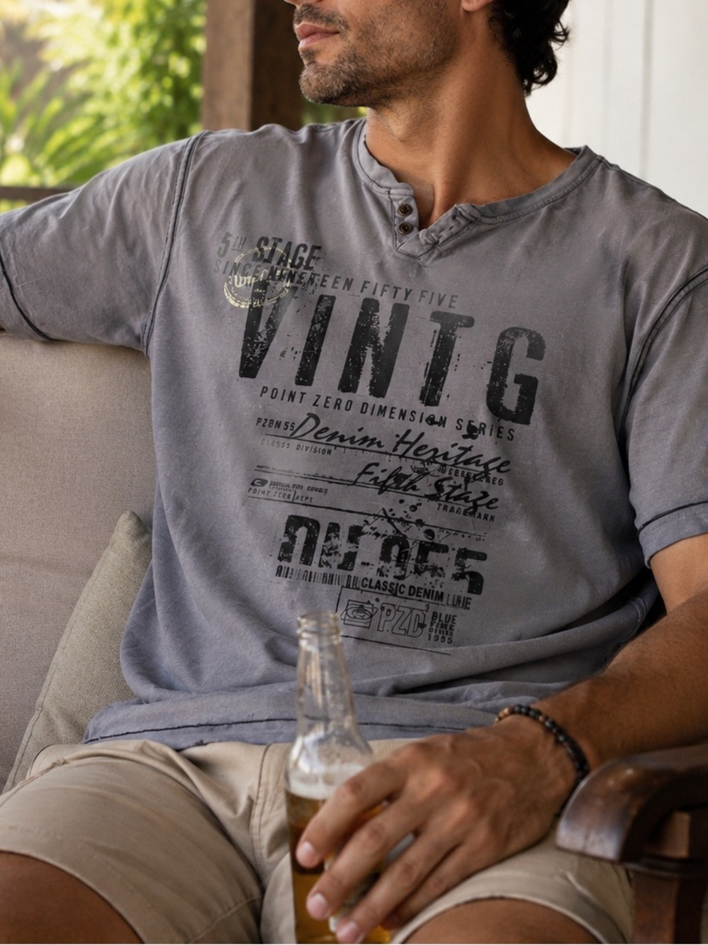 Point Zero Gray Graphic Henley T-Shirt Size 2X Short Sleeve Casual Distressed